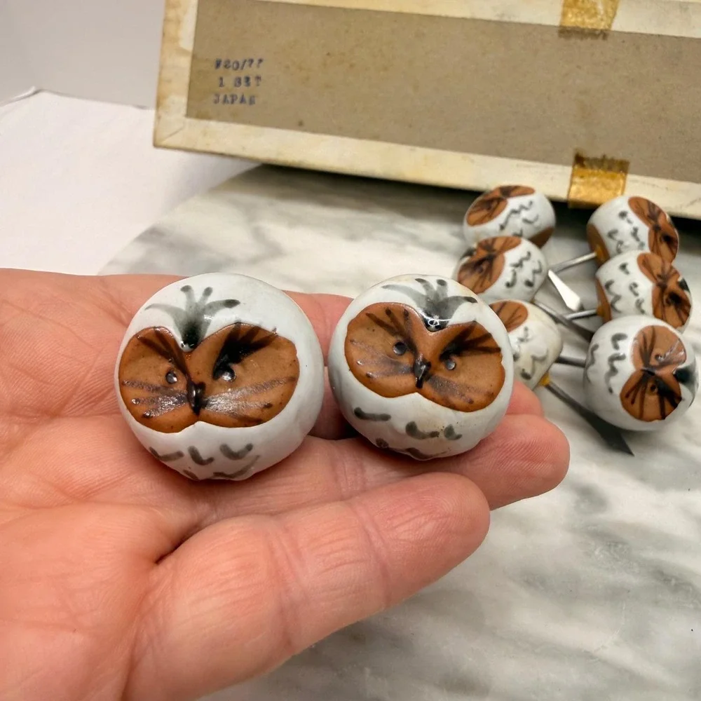Vintage '72 Fitz & Floyd Owl Corn Holders 4 Pair Japan Pottery whimsical w/ box